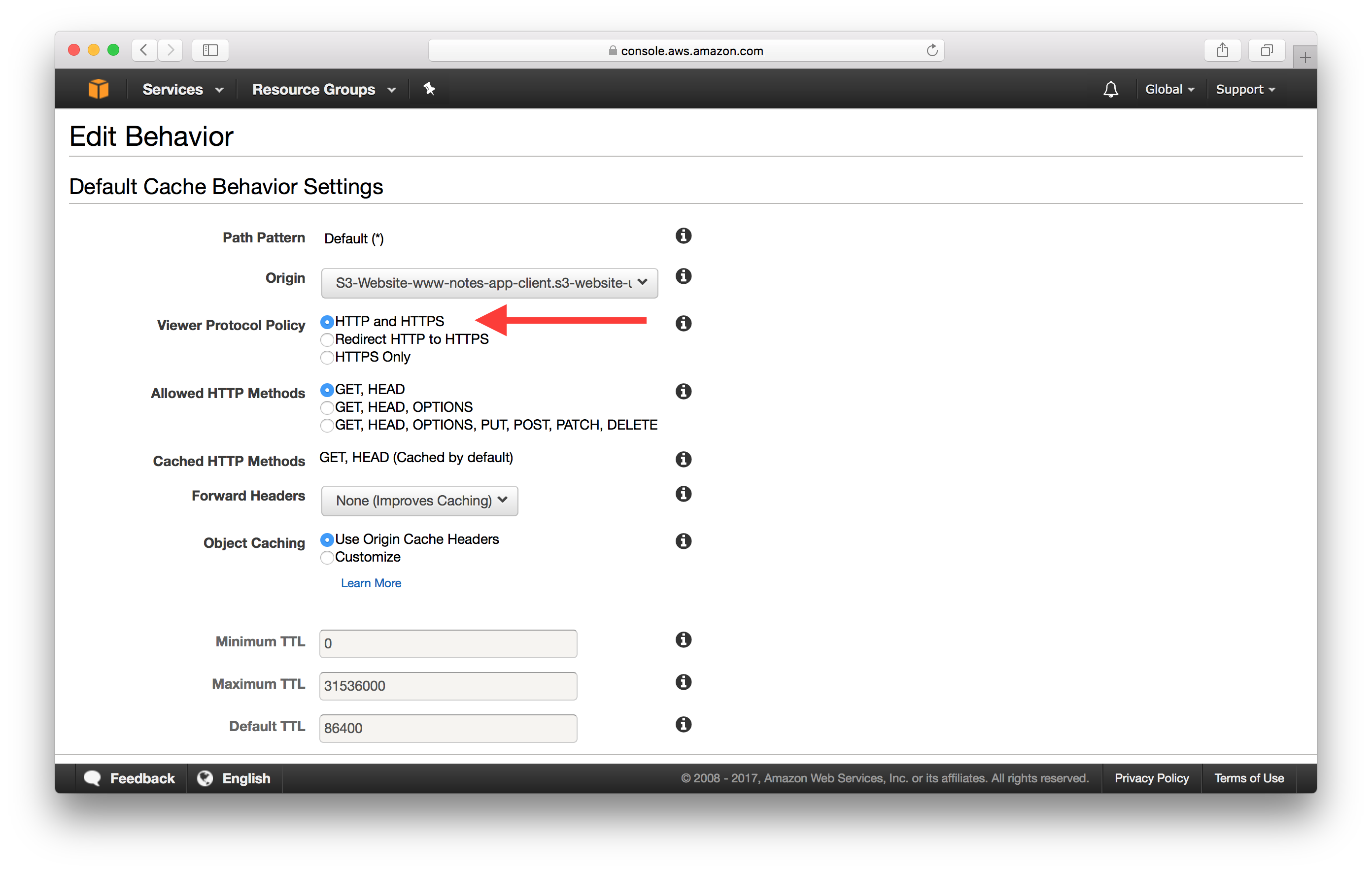 Dont switch Viewer Protocol Policy for www distribution screenshot