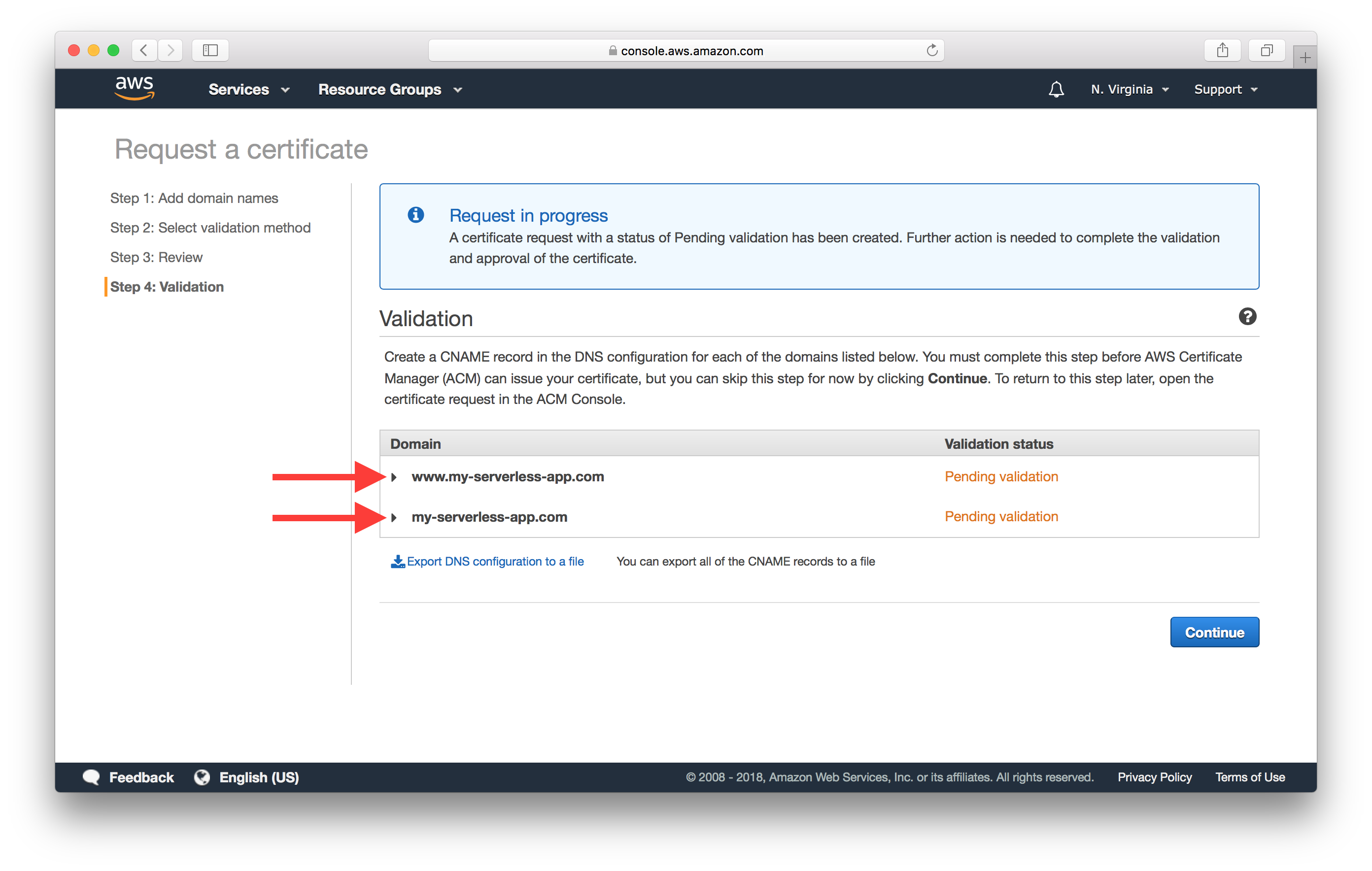 Expand dns validation details screenshot