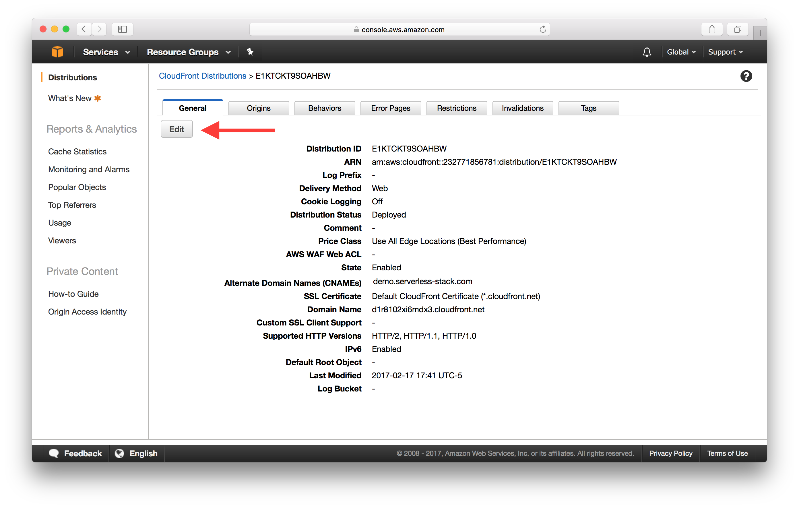 Select CloudFront Distribution screenshot