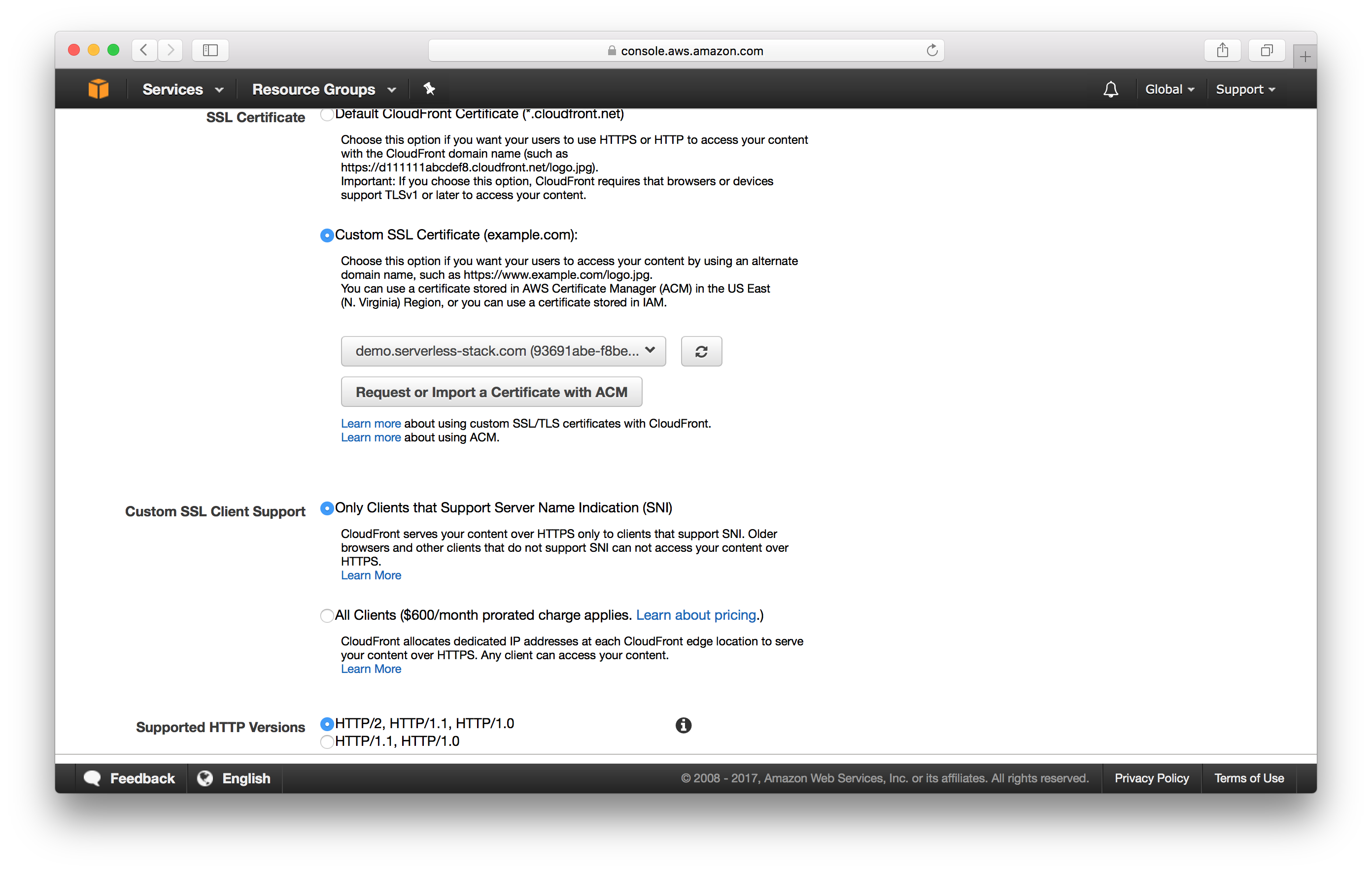 Select custom SSL Certificate screenshot