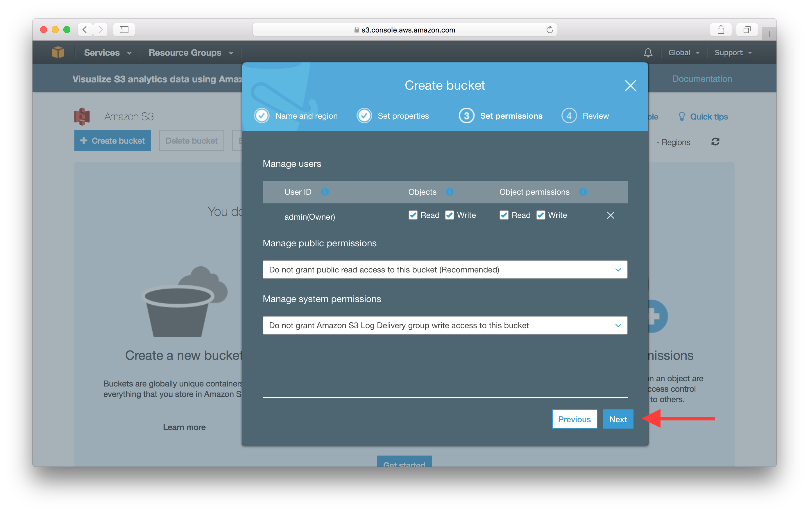Create S3 static website Bucket next permissions screenshot