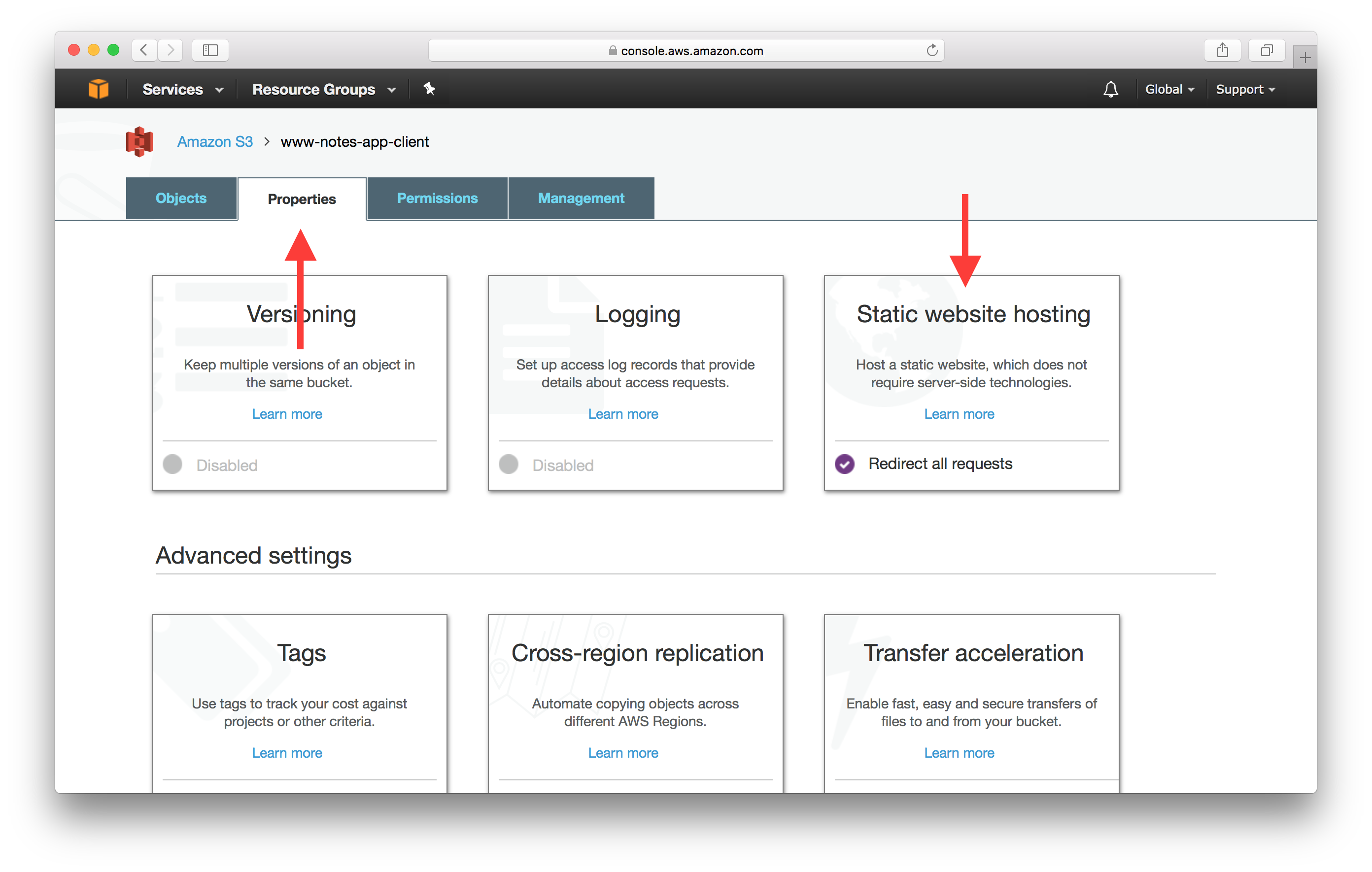 Open S3 Redirect Bucket Properties screenshot