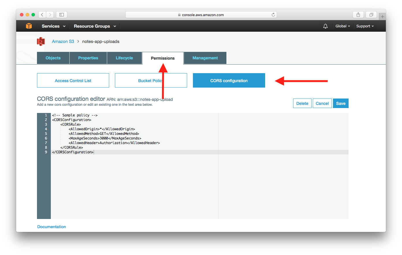 Select S3 Bucket CORS Configuration screenshot